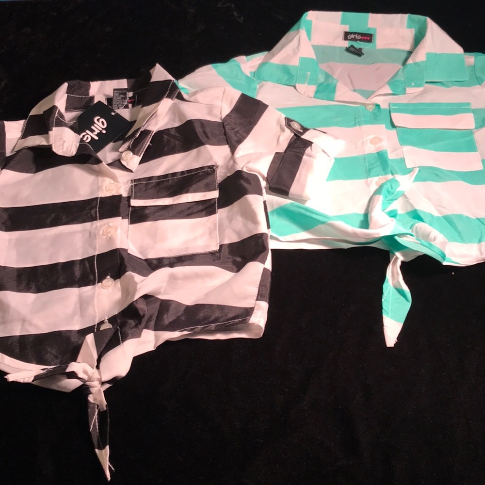 Two striped, collared, one pocket, tie up, button